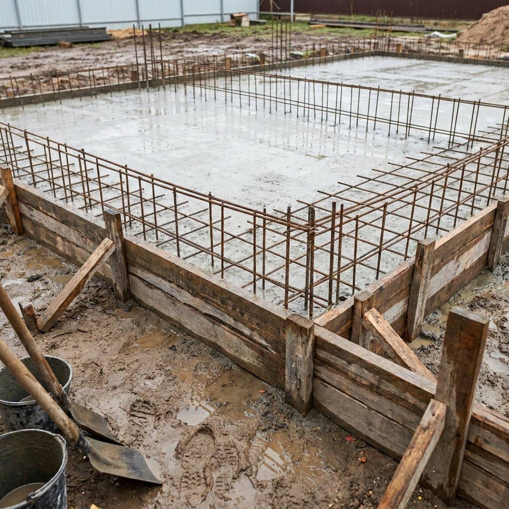 Freshly poured concrete foundation with rebar and formwork