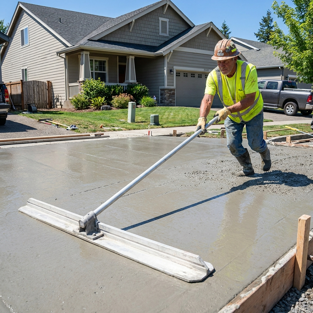 Worker finishing a freshly poured concrete driveway