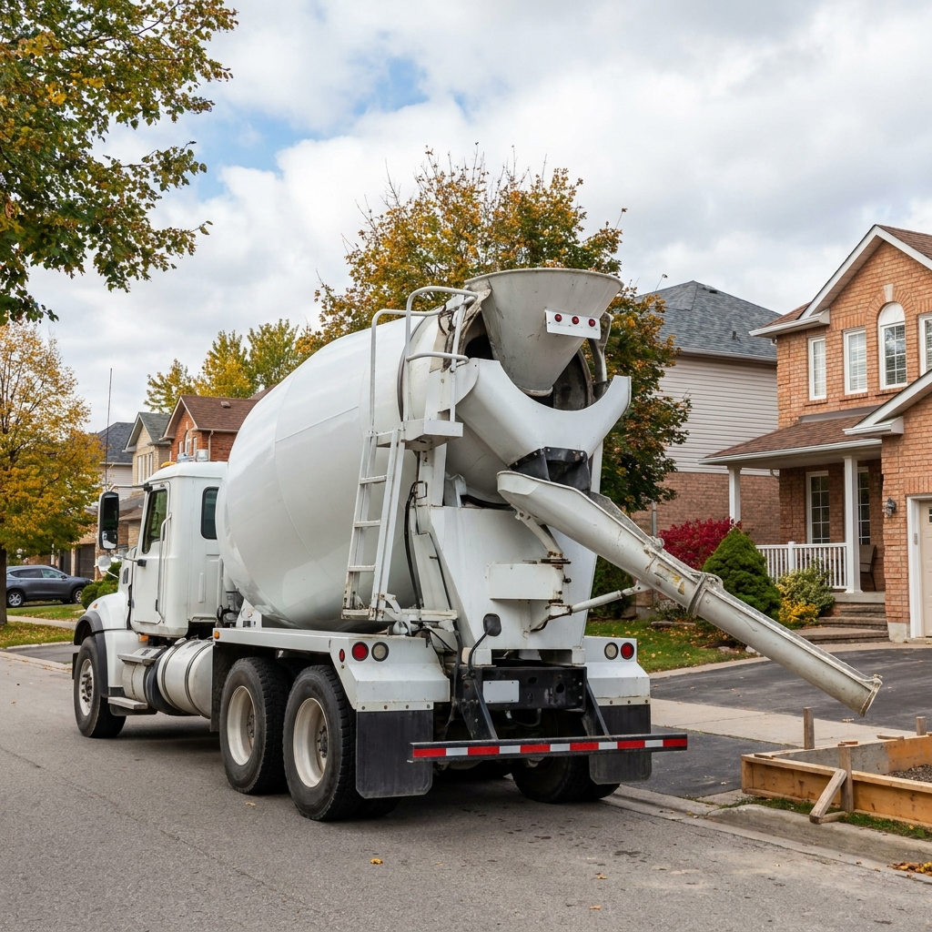 Ready-mix concrete mixer truck on a residential street