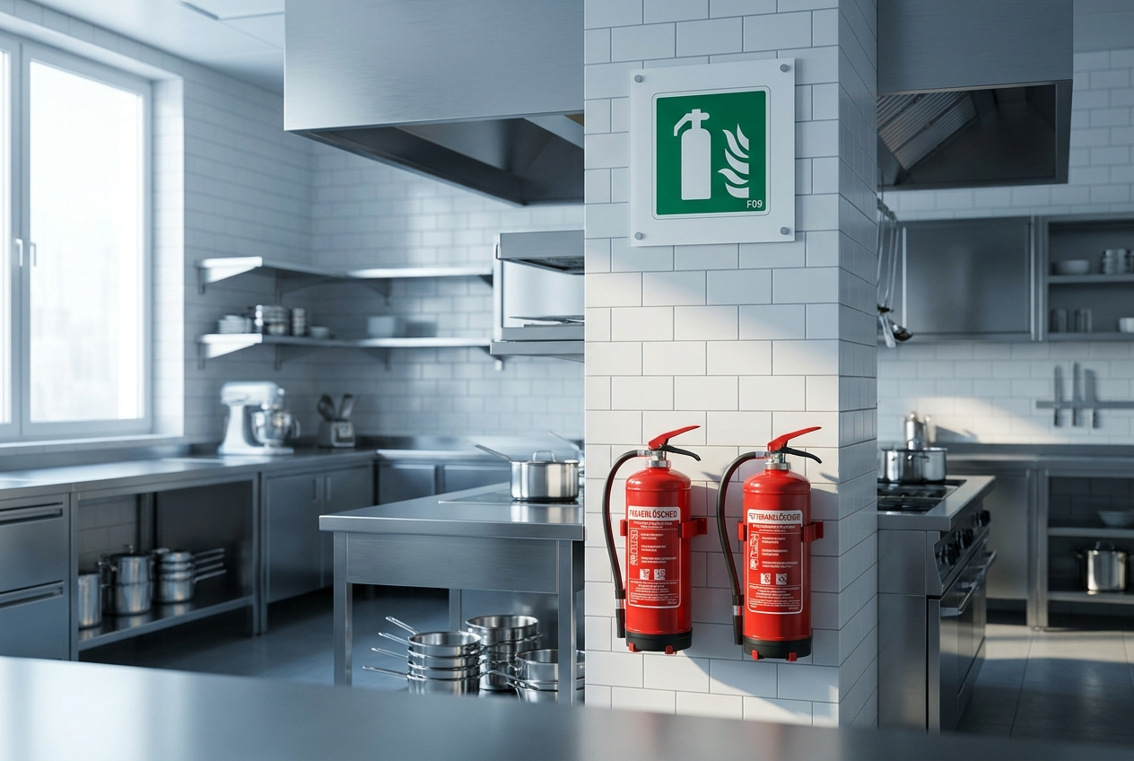 Korrekt montierte Feuerlöscher in einer Gewerbeküche