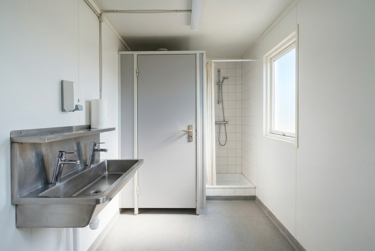 Miljøvogn med toilet og håndvask på en byggeplads