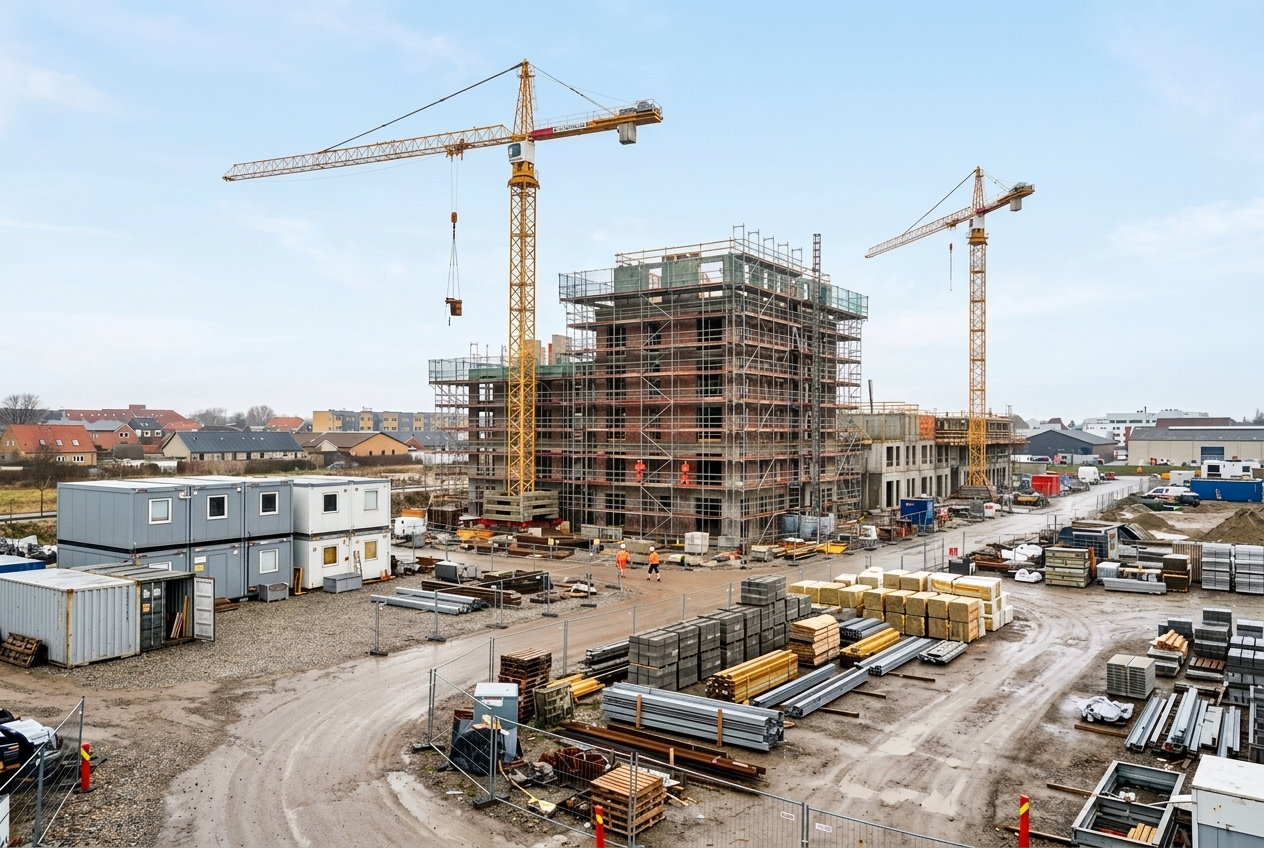 Byggeplads med kameratårn, skure og pladshegn ved blå time
