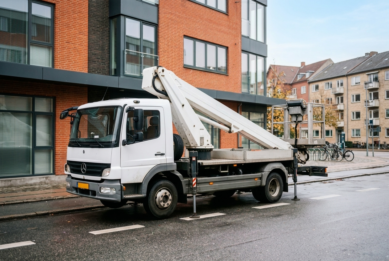 Lastbillift parkeret på en bygade med kurv hævet ved en facade