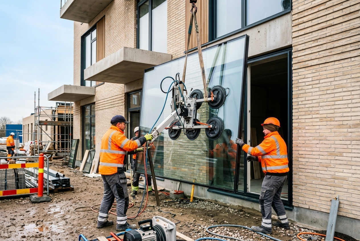 Vakuumglasløfter monterer en stor glasplade på en moderne facade