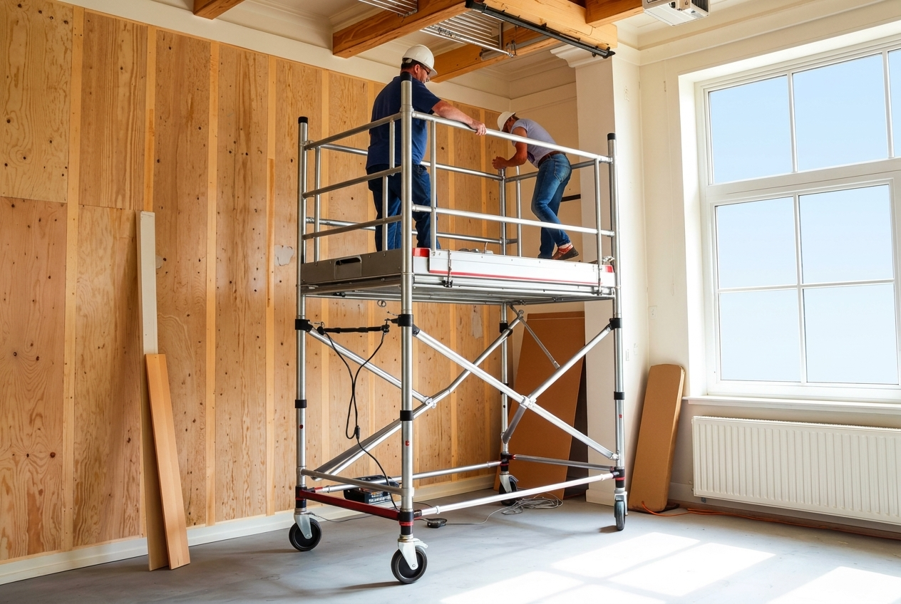 Mobilt rullestillads brugt af håndværkere ved indvendig renovering
