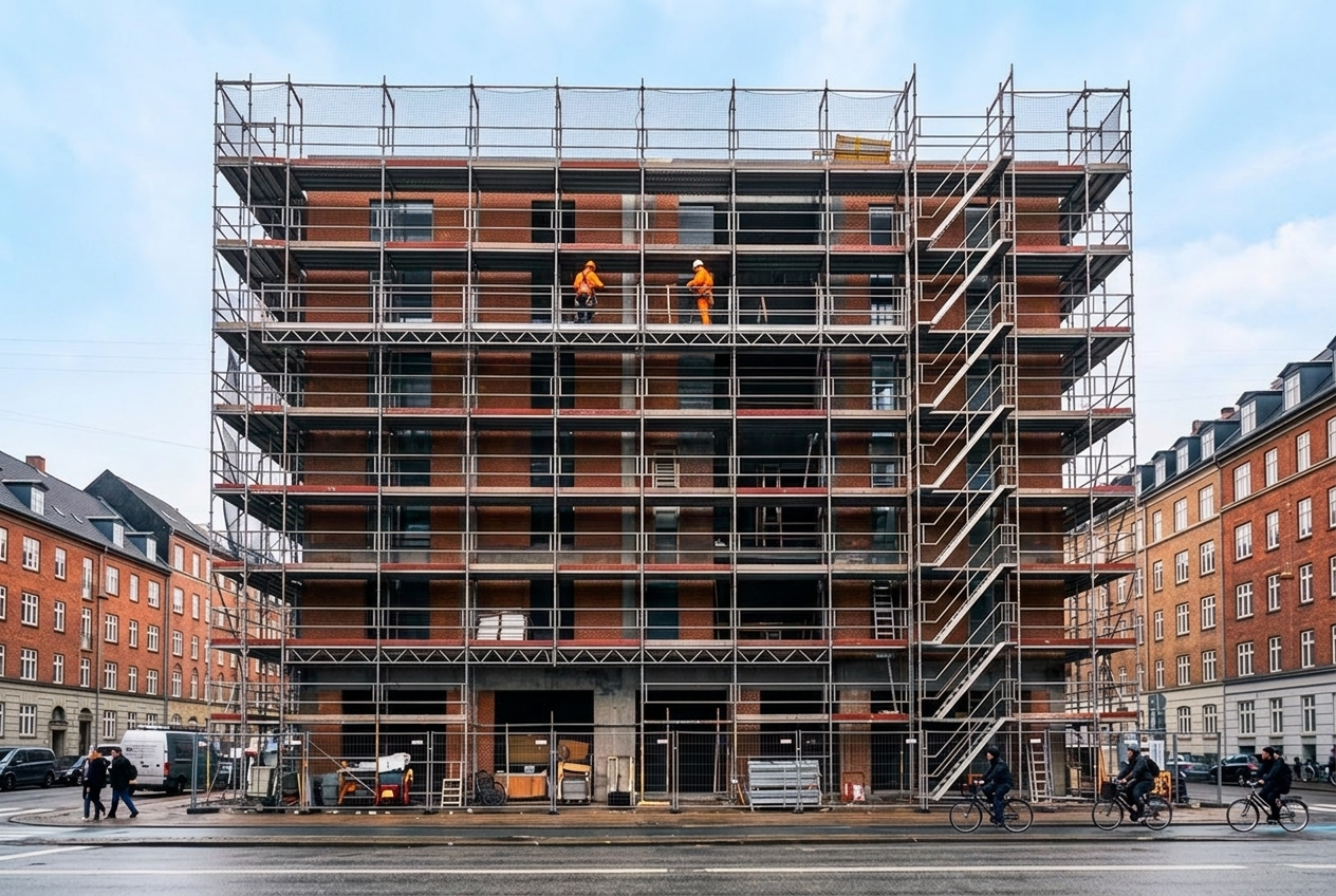 Køreplader lagt ud som midlertidig adgangsvej hen over mudret byggegrund