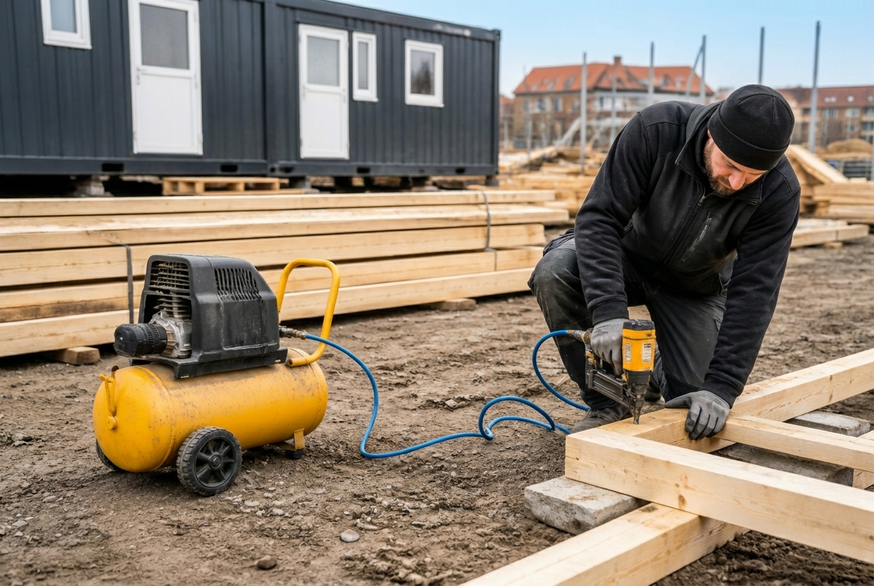 Kompressor og pneumatisk værktøj på en byggeplads