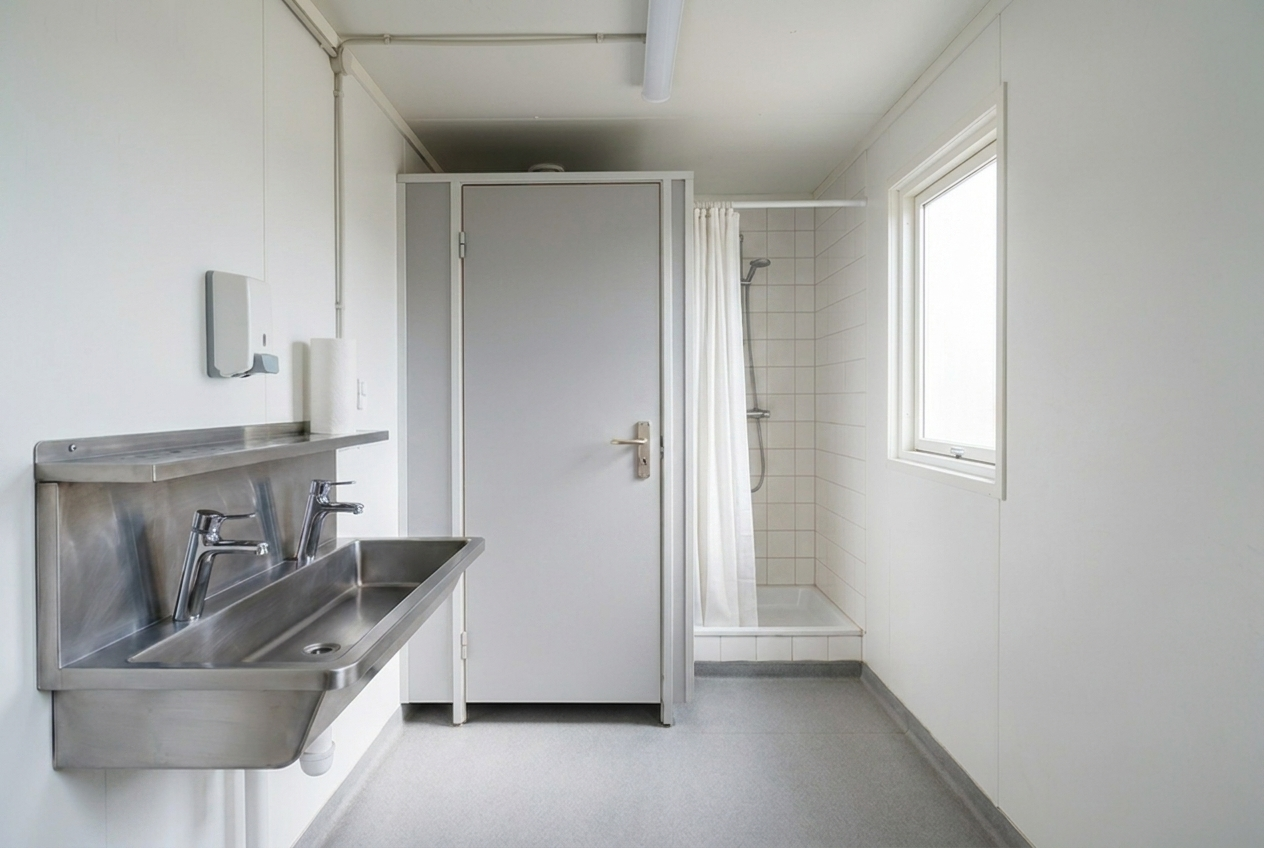 Miljøvogn med toilet og håndvask på en byggeplads