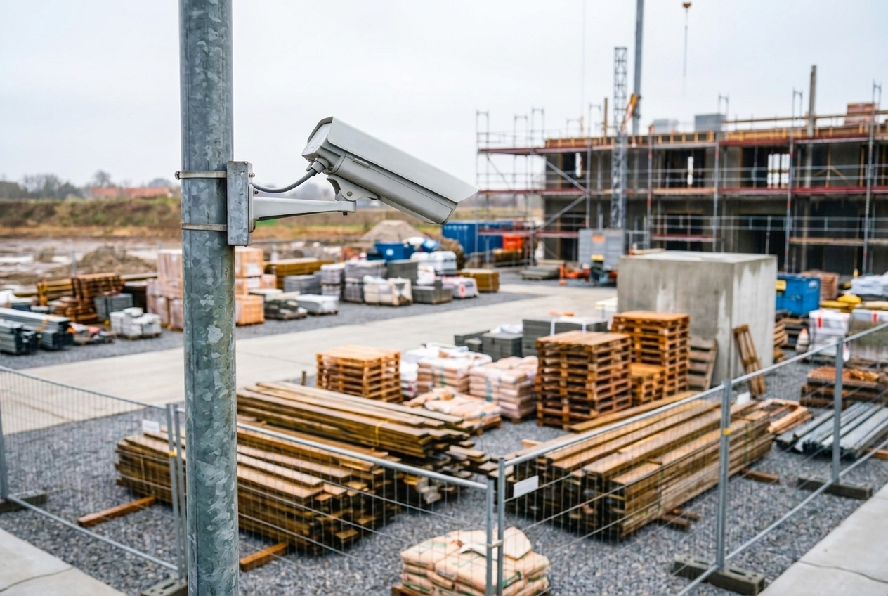 Overvågningskamera over oplag af byggematerialer bag pladshegn