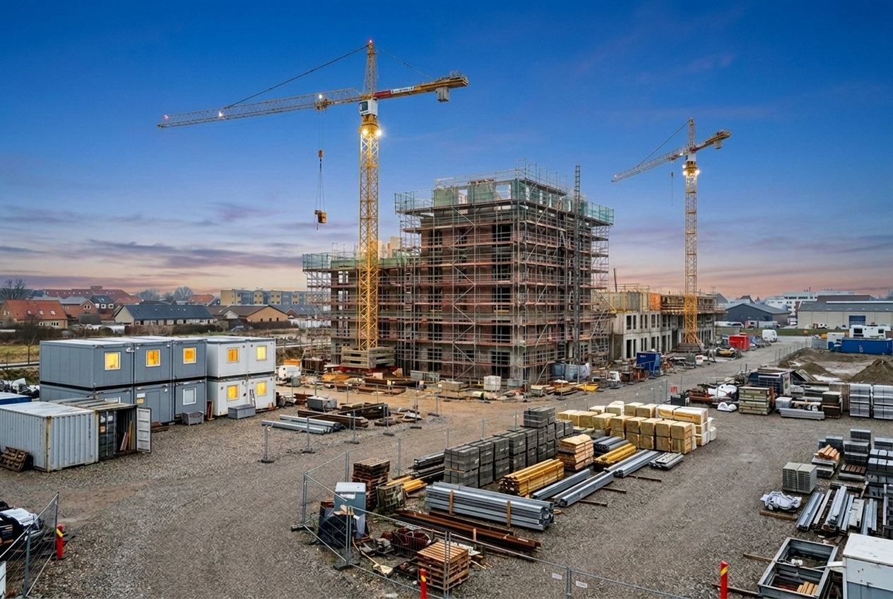 Byggeplads med kameratårn, skure og pladshegn ved blå time