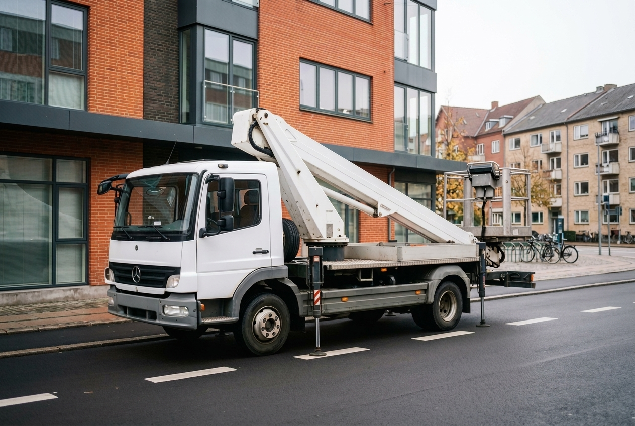 Lastbillift parkeret på en bygade med kurv hævet ved en facade