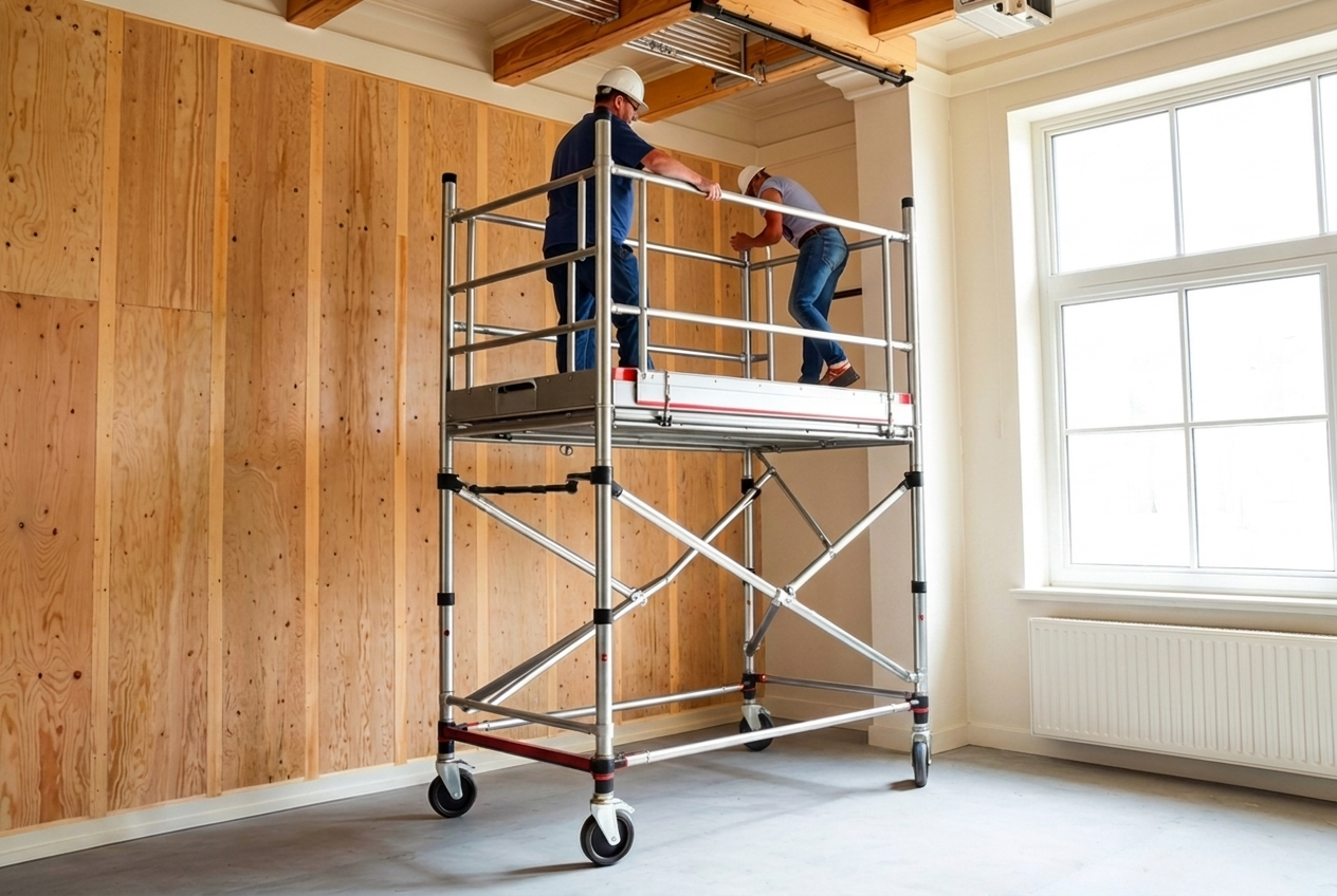 Mobilt rullestillads brugt af håndværkere ved indvendig renovering