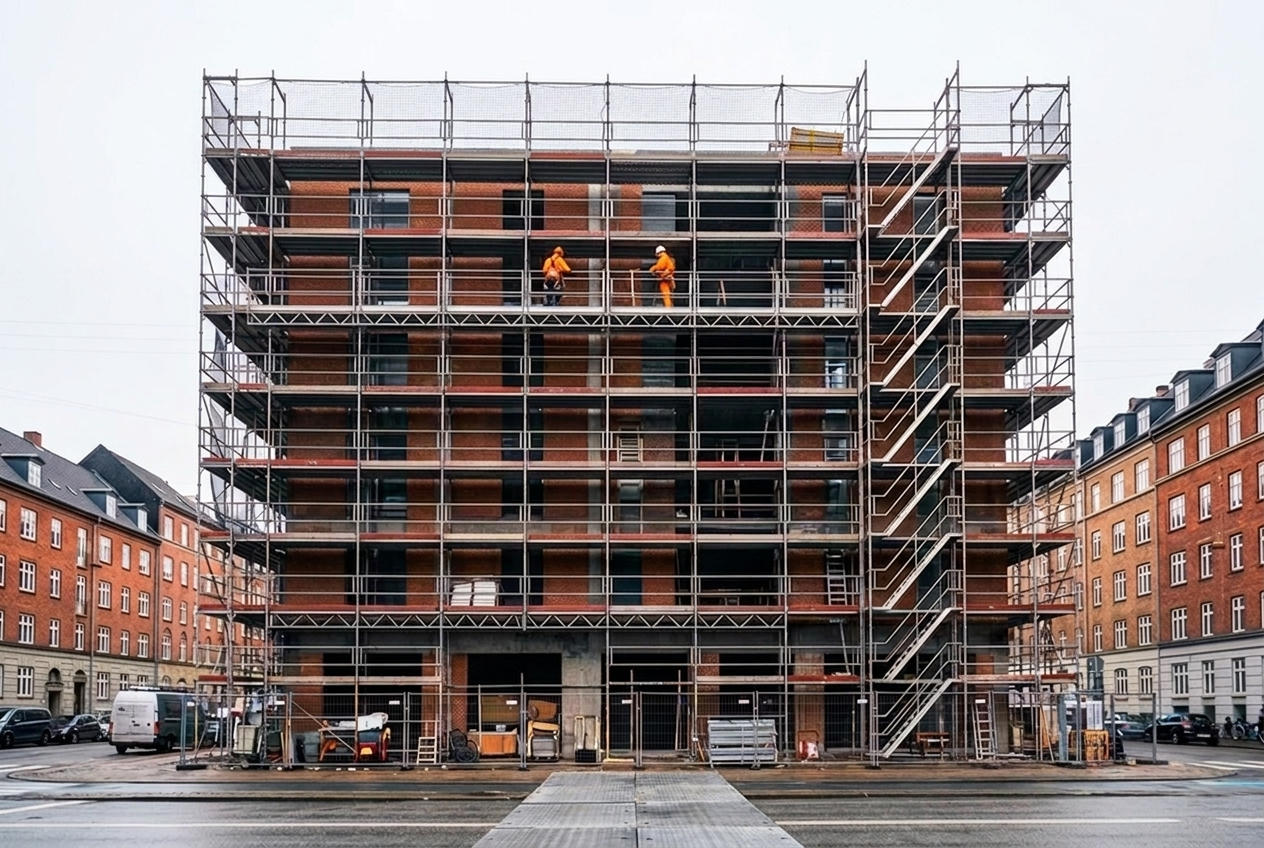 Køreplader lagt ud som midlertidig adgangsvej hen over mudret byggegrund
