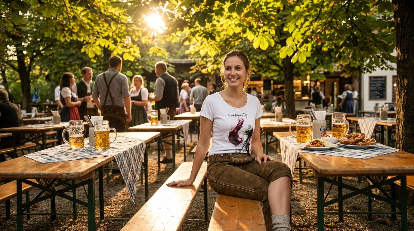 Biergarten Outfit Damen 2026 – Hangowear Kniebundhose WEINZIGARTIG im Biergarten unter Kastanien
