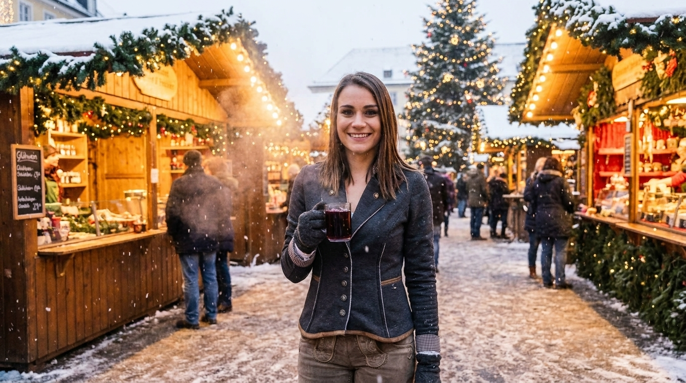 Weihnachtsmarkt Outfit Damen 2026 – Hangowear LARA Trachten Sweat Blazer auf dem Christkindlmarkt