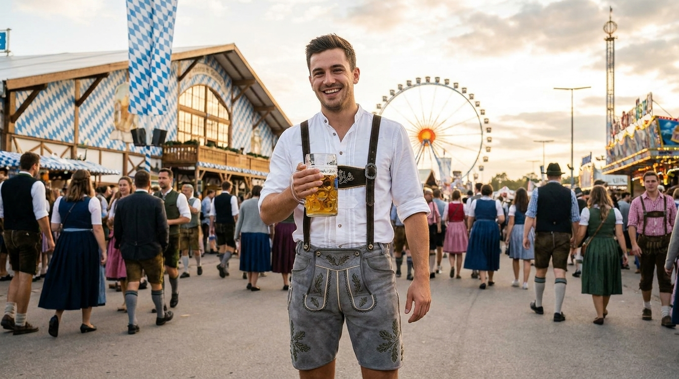 Wiesn Outfit Herren 2026 – Hangowear QANI MEN Lederhose auf dem Oktoberfest München