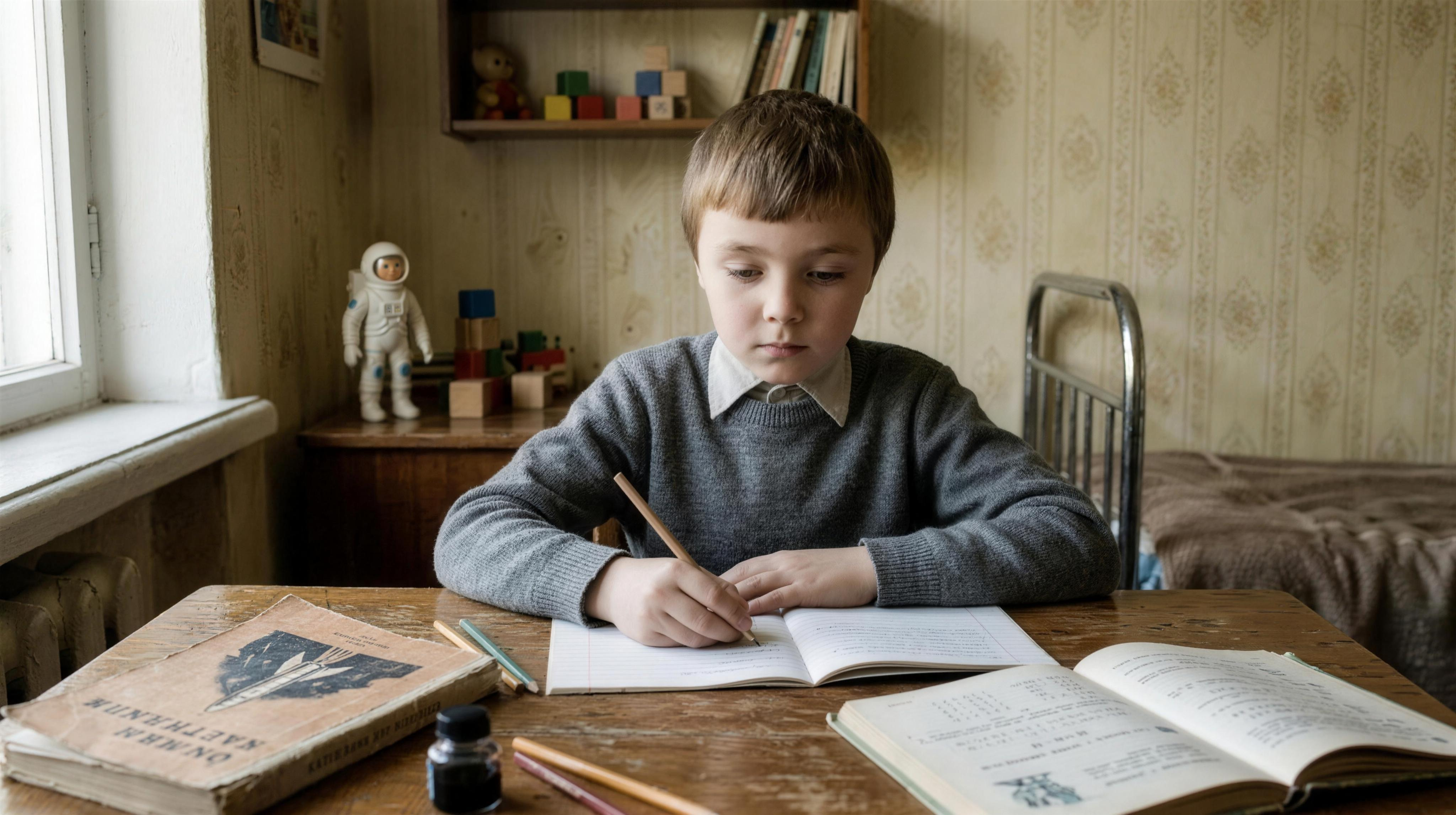 AI filmmaking still: the man as a boy doing homework in a 1980s room, recreated with AI from a family photo