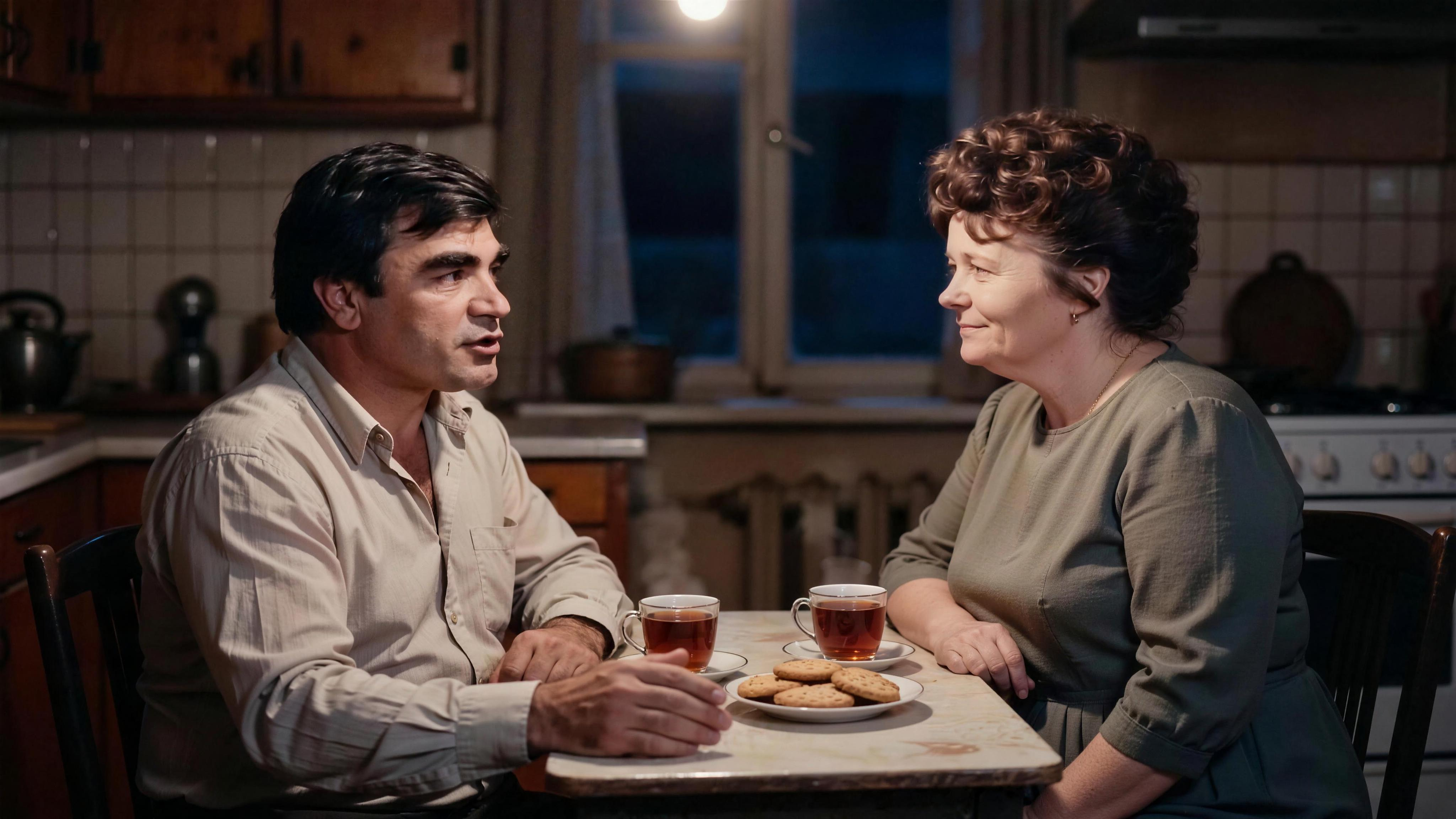 AI filmmaking still: his parents at the kitchen table at night with tea and cookies, recreated with AI