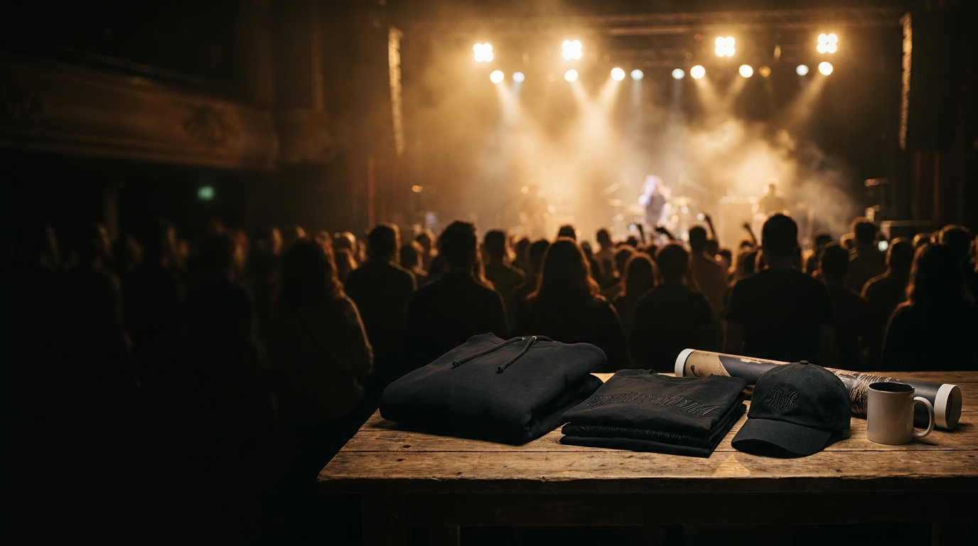 Premium music merch at a live venue merch table