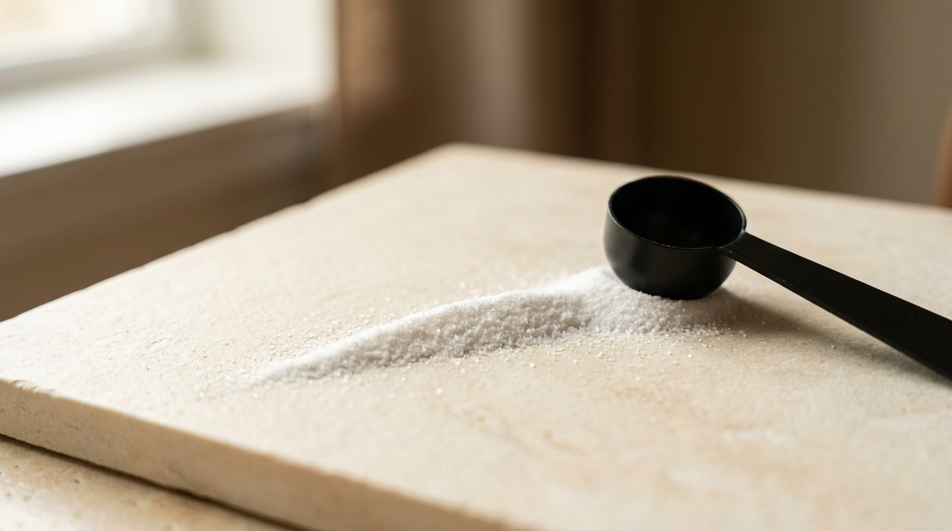 Micronized creatine powder measured on a clean surface
