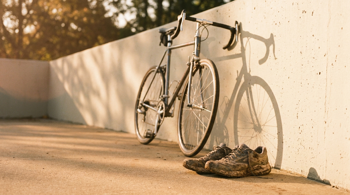 Running shoes and a bike at dawn