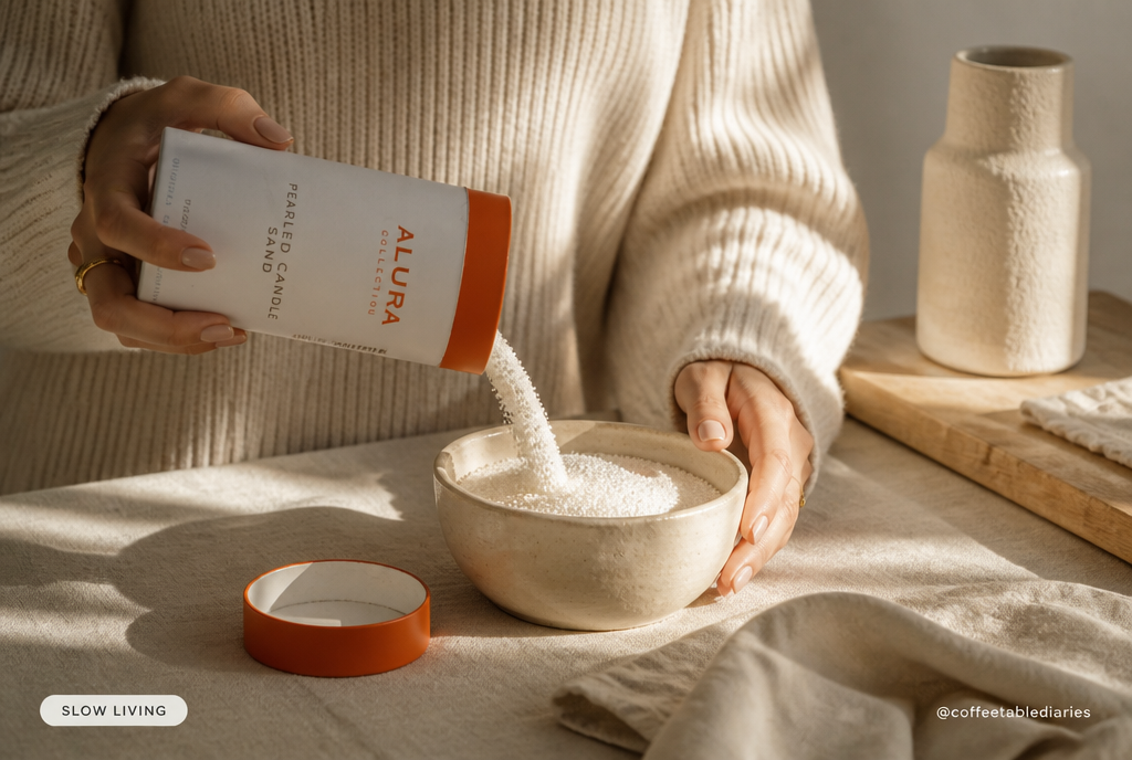 Hands pouring Alura pearled candle sand from the cardboard tube into a ceramic dough bowl on a linen-covered counter