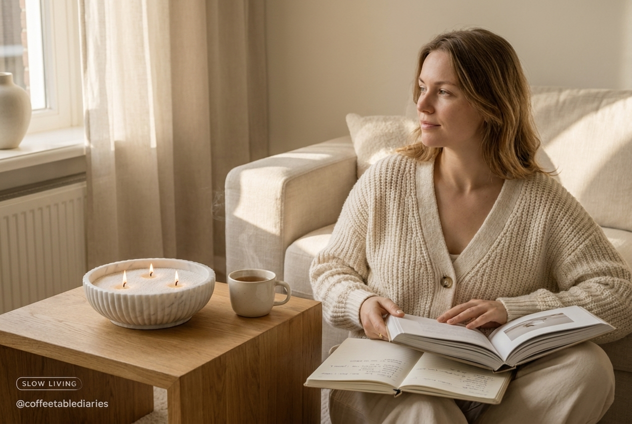 A woman in a cream knit cardigan sits in a sunlit living room with a freshly-lit Alura candle, book on her lap, peaceful Sunday afternoon