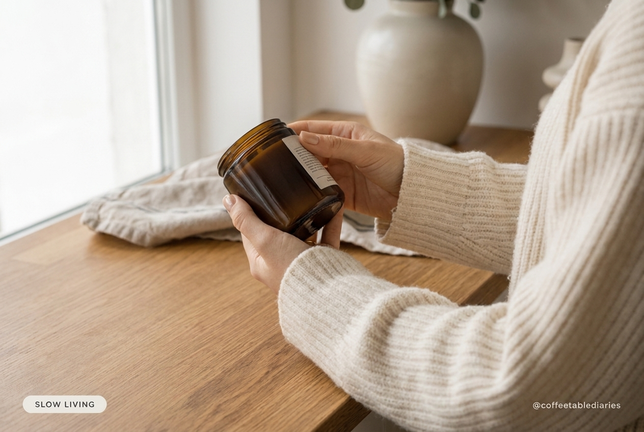 Close-up of hands holding a generic scented candle jar, reading the back label