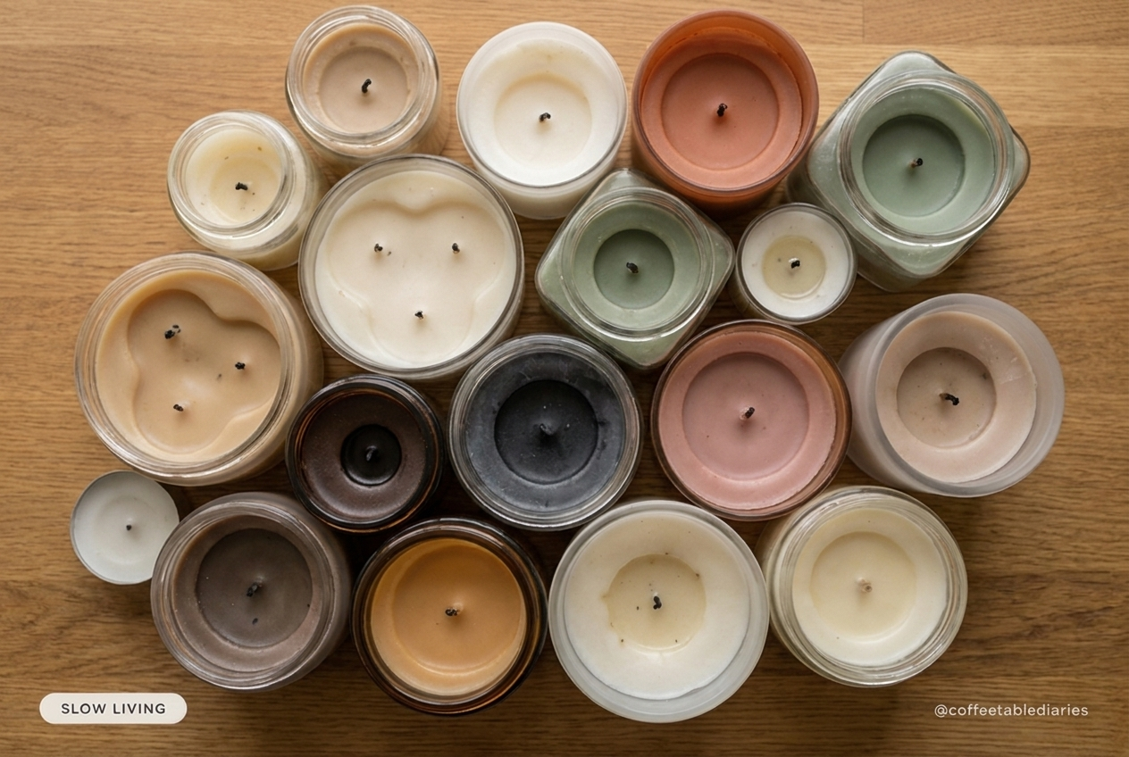 Top-down view of a dense cluster of used scented candles, mismatched sizes and colors, with visible soot and wax residue — the candles being thrown out
