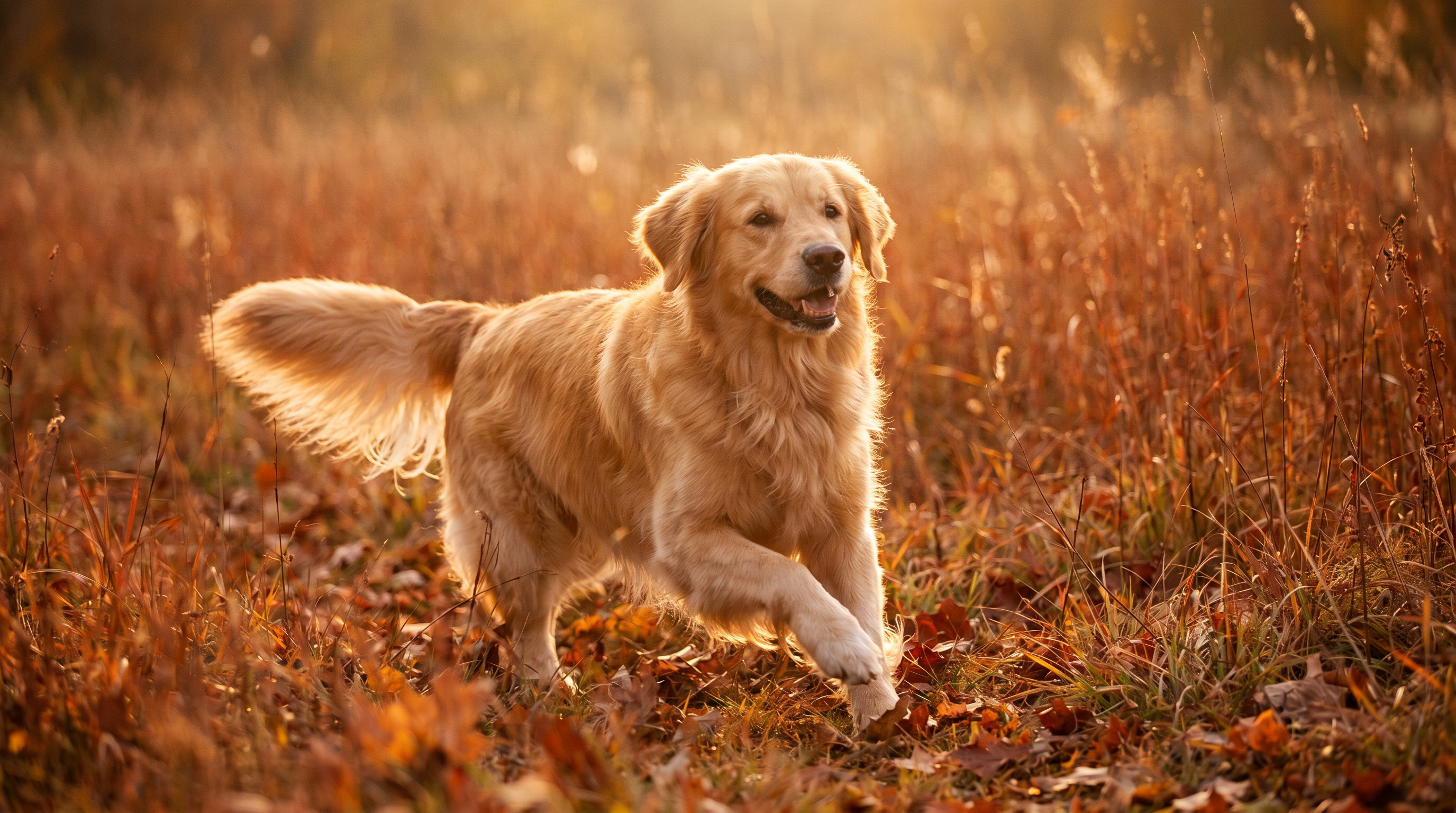 Golden Retriever running through an autumn field