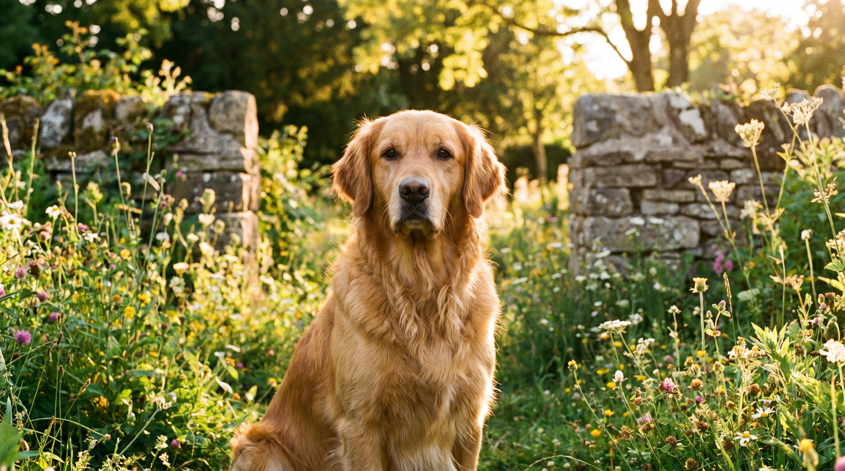 Adult Golden Retriever sitting in a sunlit garden