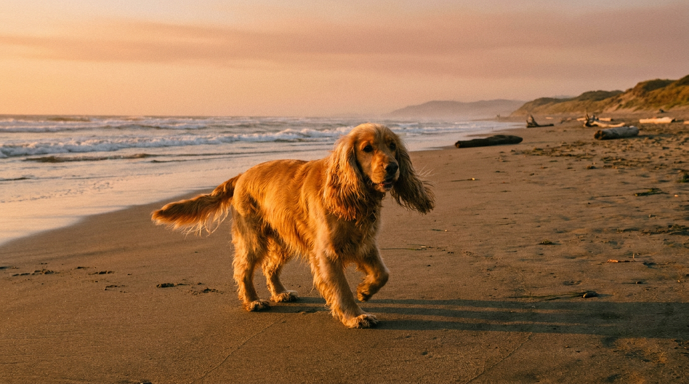 Cocker Spaniel running on a beach at golden hour