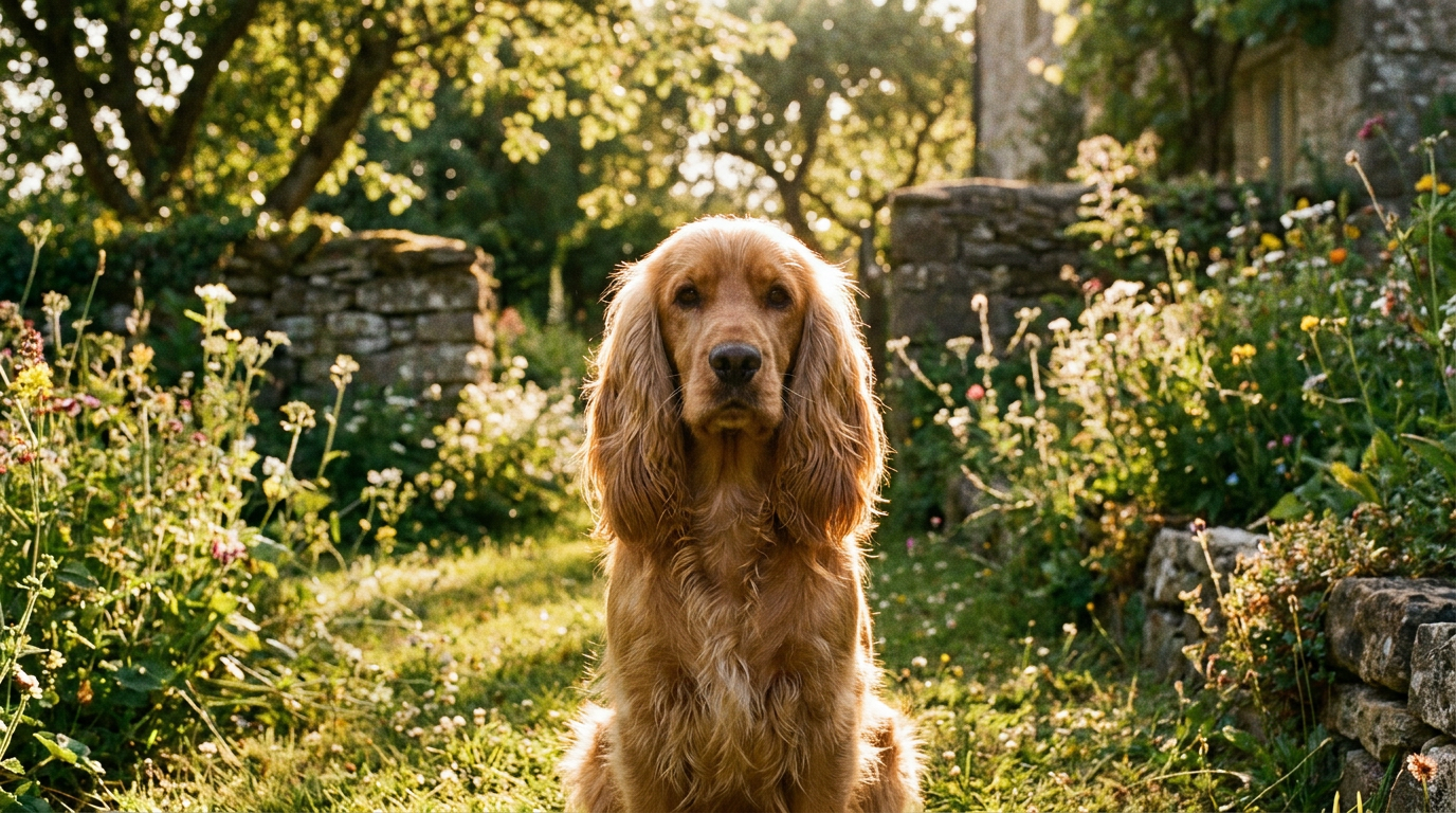 Adult Cocker Spaniel sitting in a sunlit garden
