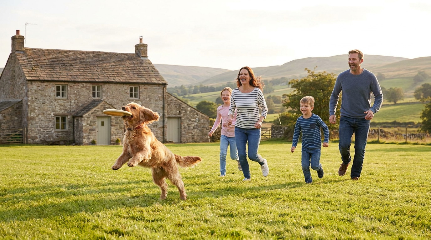 Cocker Spaniel playing with a family on green lawn