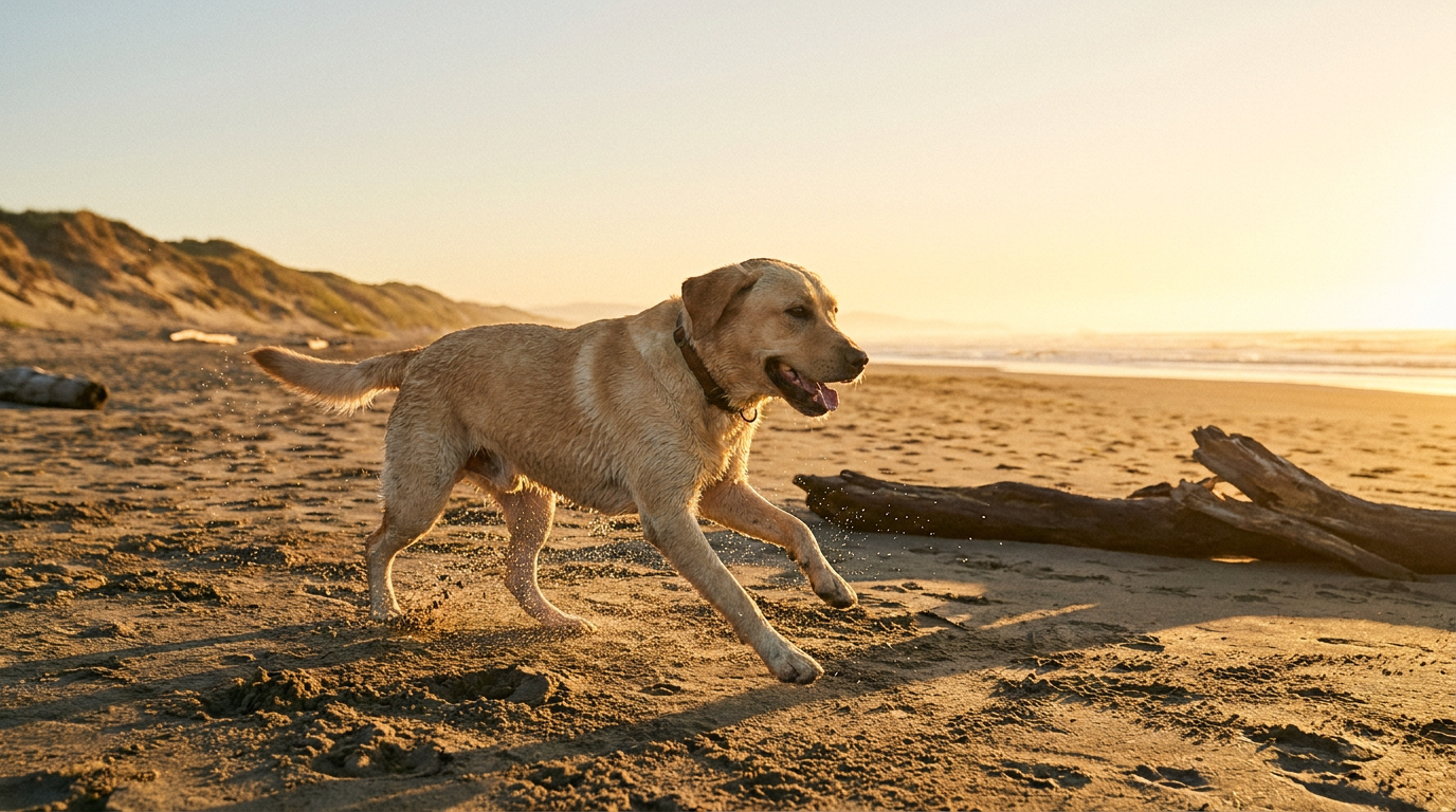 Yellow Labrador Retriever running on a beach at golden hour