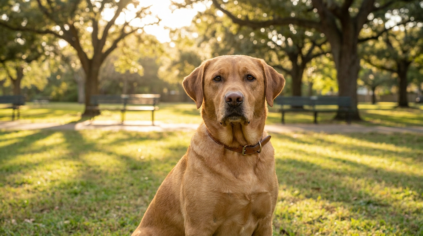 Adult yellow Labrador Retriever sitting in a sunlit park