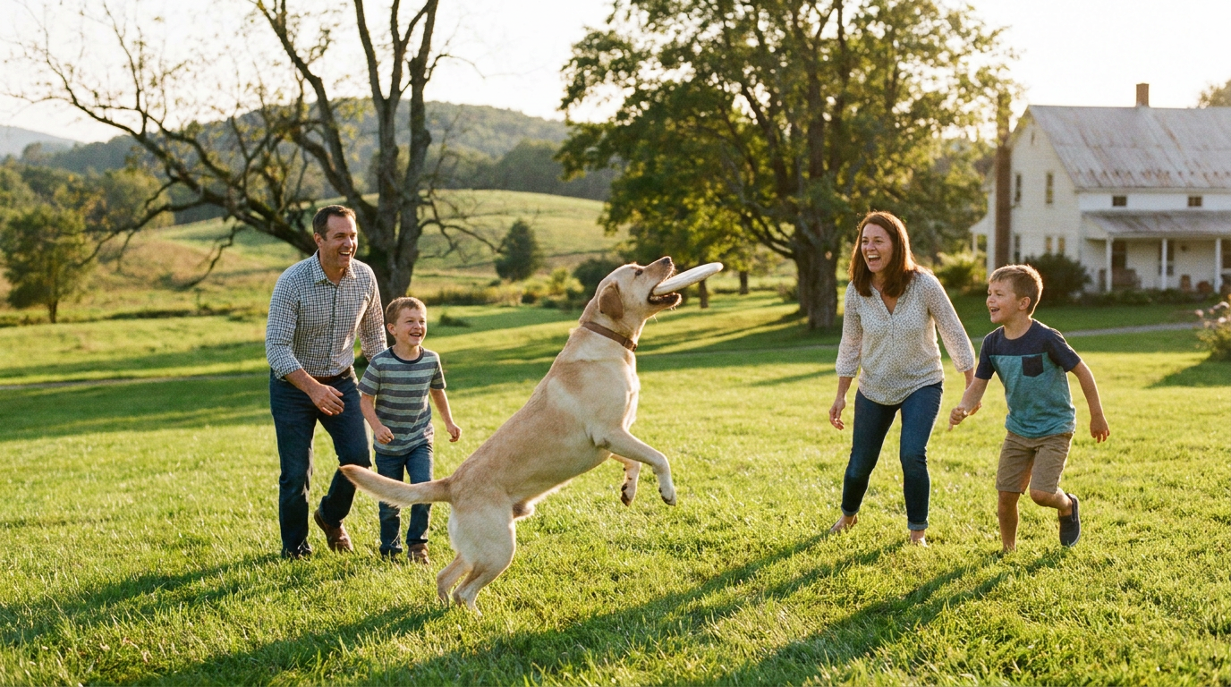 Yellow Labrador Retriever playing with a family on green lawn