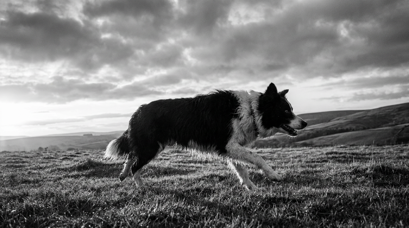 Border Collie running across an open green field
