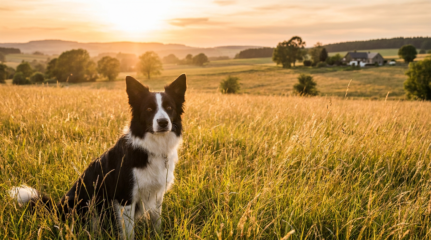 Border Collie sitting alert in a field