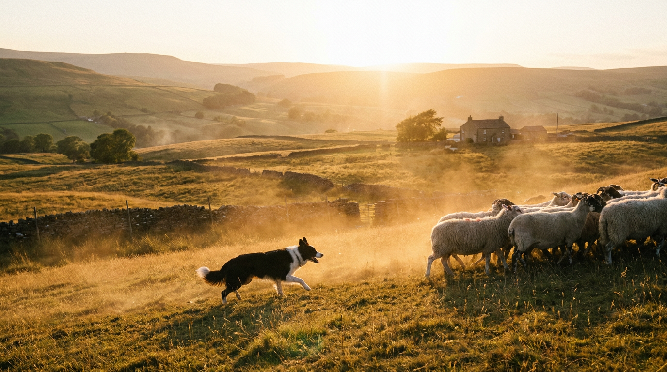 Border Collie herding sheep on a hillside