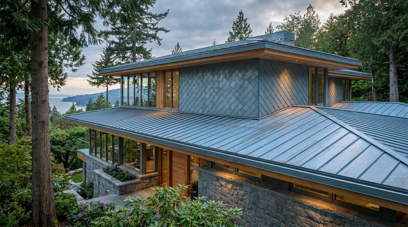 Custom architectural zinc standing seam roof and zinc shingle cladding on a contemporary West Vancouver hillside residence by ZS Enterprises