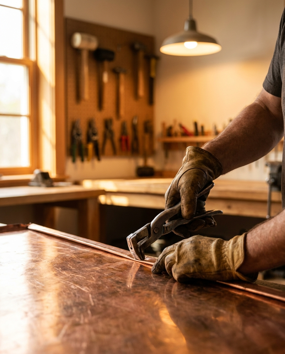 Master craftsman's hands at work shaping a copper sheet with a traditional hand seamer in the ZS Enterprises Burnaby workshop