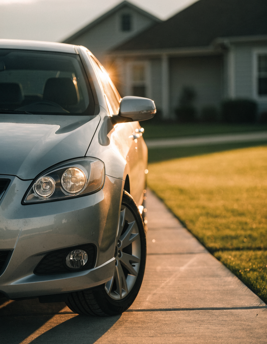 Finished result: clear gleaming headlights at golden hour