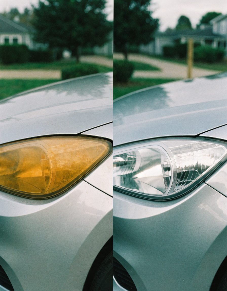 Oxidized amber headlight lens (before) vs. the same lens glass-clear (after)
