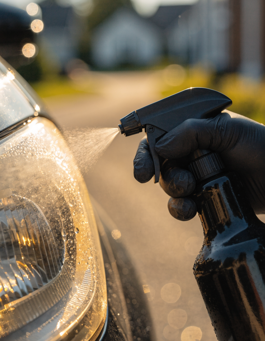 Spraying the oxidation remover onto a yellowed headlight lens