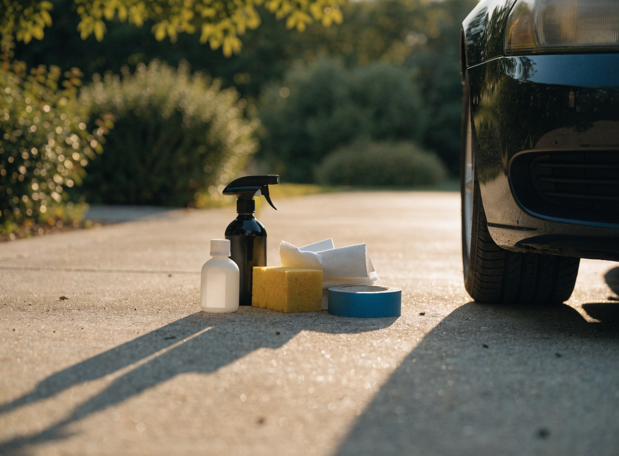 The spray bottle, small bottle, applicator sponge, paper towels and painter's tape laid out on a driveway