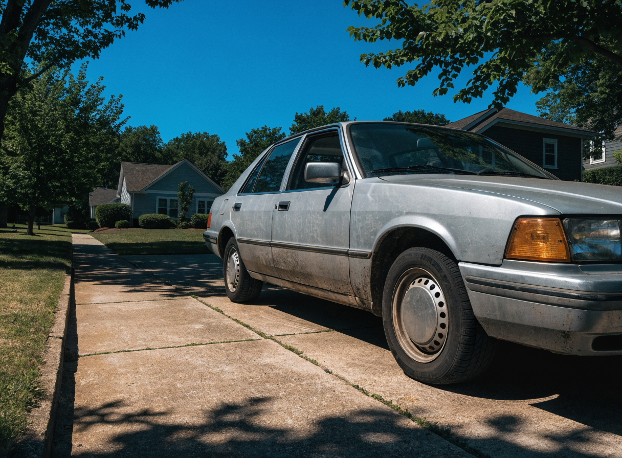 Older sedan under hard midday sun with clear glossy headlight lenses