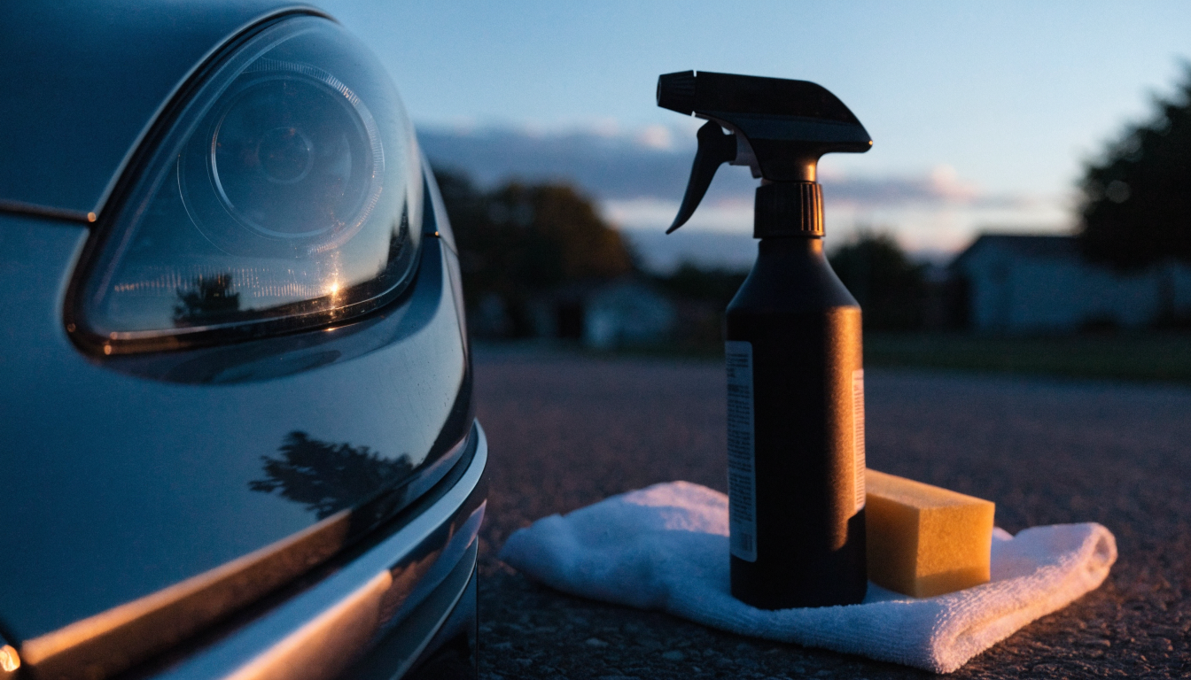 The DriveBright kit at dusk beside a restored, glass-clear headlight