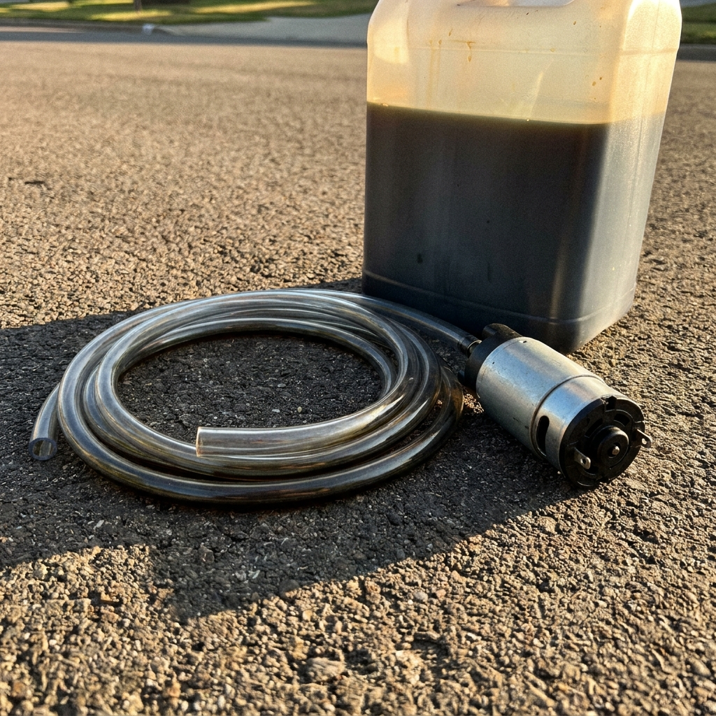A capped jug of black used oil on clean dry asphalt with the hose coiled beside it