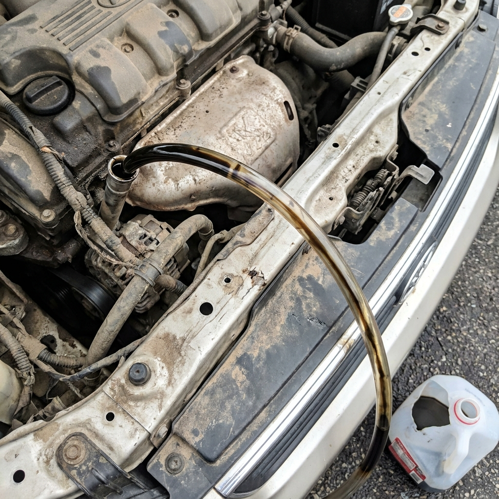 A clear hose running out of an engine's dipstick tube with used oil climbing up inside it